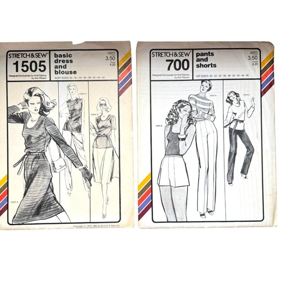 Vtg 70s Stretch & Sew Sew Pattern1505 Dress Blouse/ 700 Pants Shorts Bust UNCUT - Picture 1 of 16